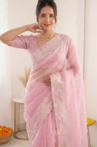 Women's pink embroidery organza designer saree with blouse