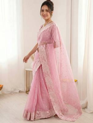 Women's pink embroidery organza designer saree with blouse 3