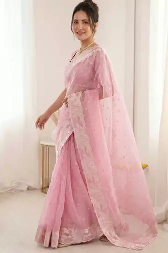 Women's pink embroidery organza designer saree with blouse