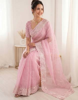 Women's pink embroidery organza designer saree with blouse 4