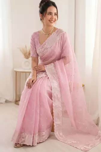 Women's pink embroidery organza designer saree with blouse
