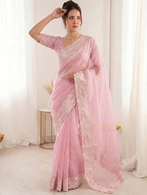 Women's pink embroidery organza designer saree with blouse 5