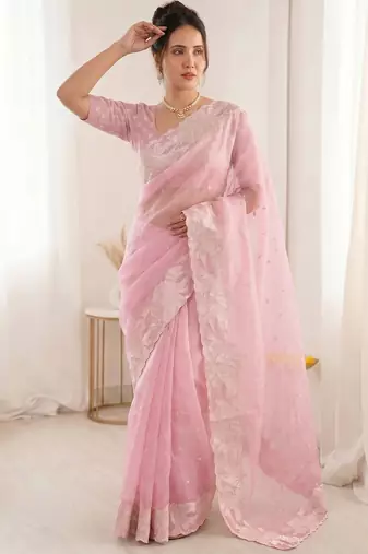 Women's pink embroidery organza designer saree with blouse