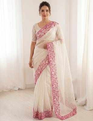 Women's white embroidery organza designer saree with blouse 1