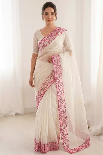 Women's white embroidery organza designer saree with blouse