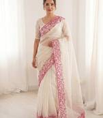 Women's white embroidery organza designer saree with blouse