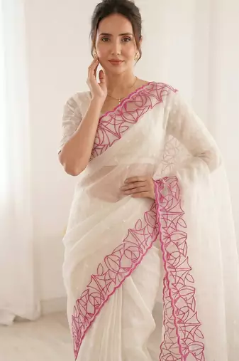 Women's white embroidery organza designer saree with blouse