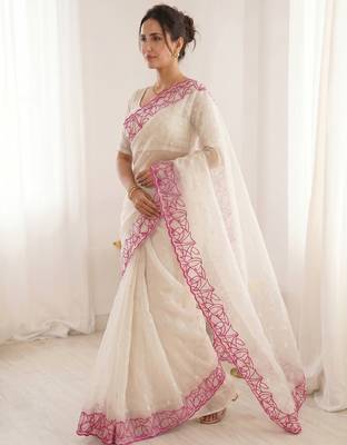 Women's white embroidery organza designer saree with blouse 3