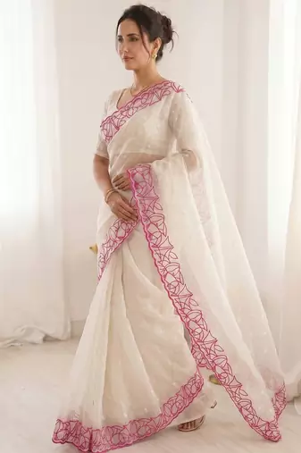 Women's white embroidery organza designer saree with blouse