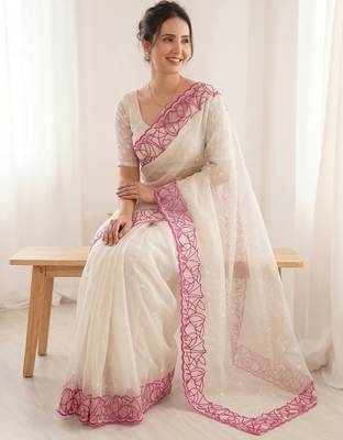 Women's white embroidery organza designer saree with blouse 4