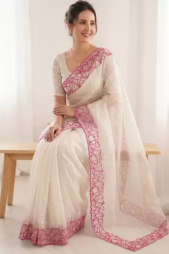 Women's white embroidery organza designer saree with blouse