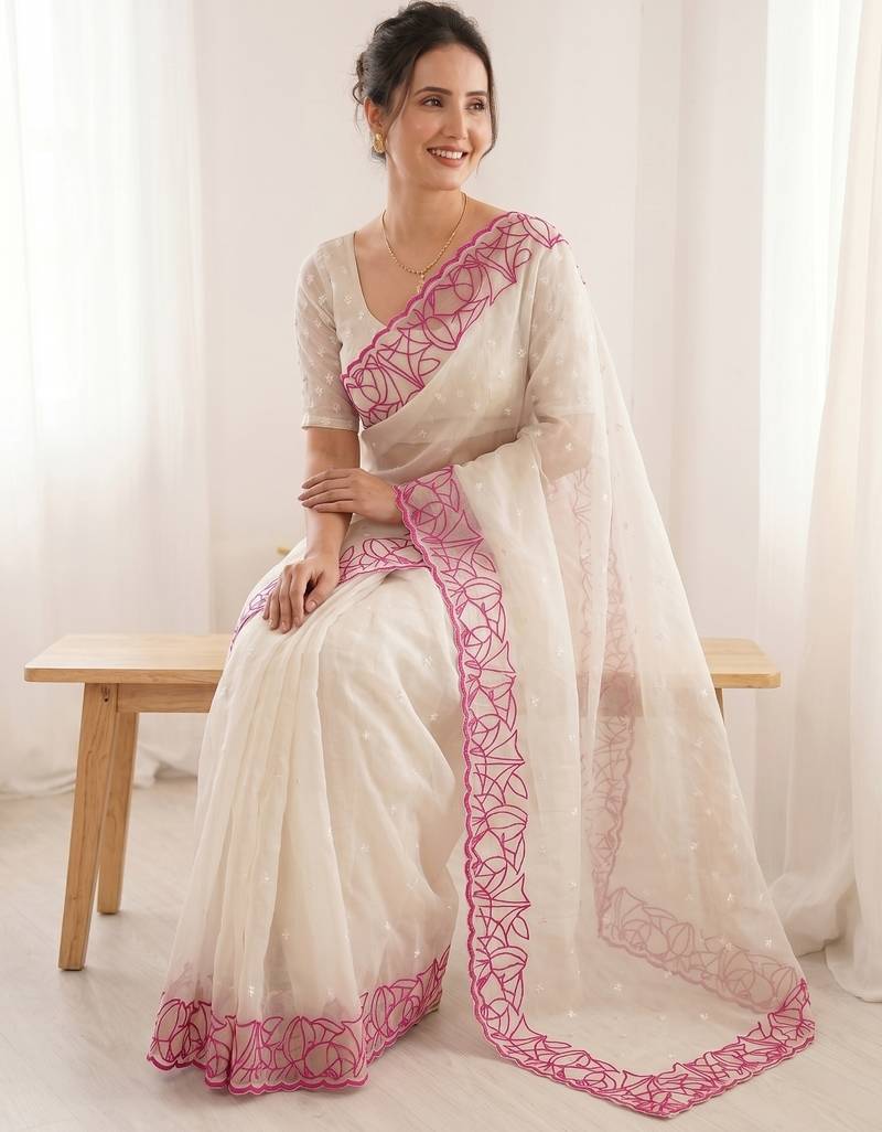 Women's white embroidery organza designer saree with blouse