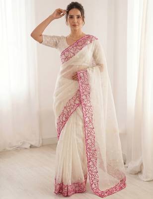 Women's white embroidery organza designer saree with blouse 5