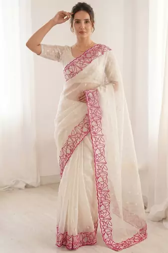 Women's white embroidery organza designer saree with blouse