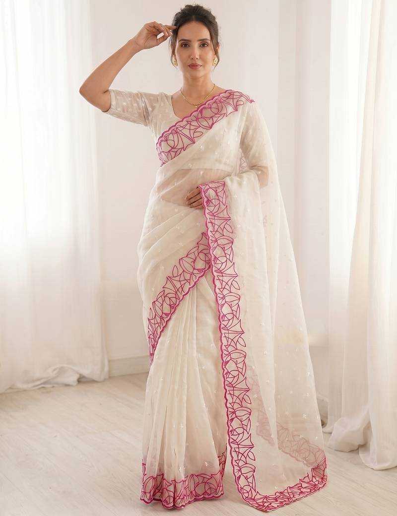 Women's white embroidery organza designer saree with blouse