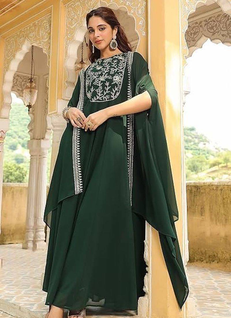  Georgette Embroidery Work Flared Anarkali Jacket Set