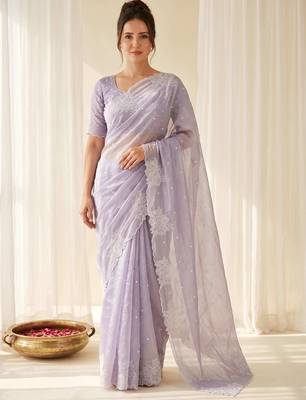 women's lavender lacknowi embroidery raspberry silk blend designer saree with blouse 1
