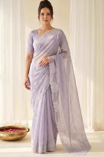 women's lavender lacknowi embroidery raspberry silk blend designer saree with blouse