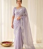 women's lavender lacknowi embroidery raspberry silk blend designer saree with blouse