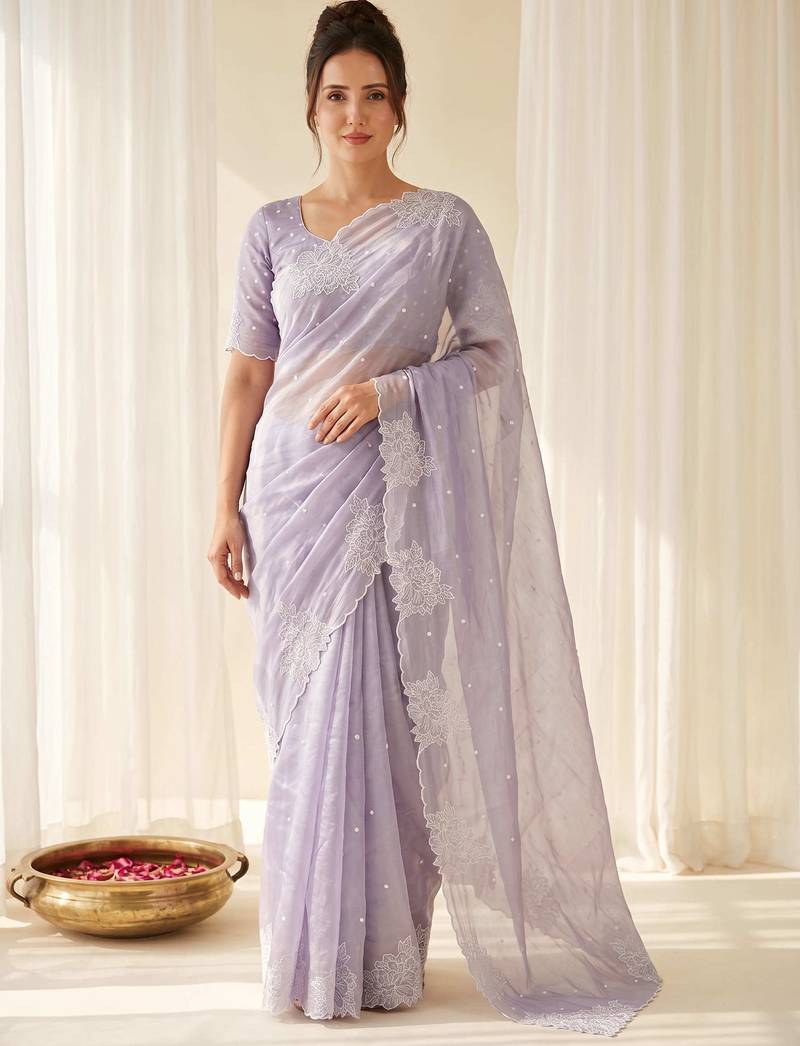 women's lavender lacknowi embroidery raspberry silk blend designer saree with blouse