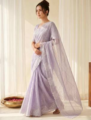 women's lavender lacknowi embroidery raspberry silk blend designer saree with blouse 2
