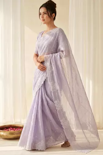 women's lavender lacknowi embroidery raspberry silk blend designer saree with blouse
