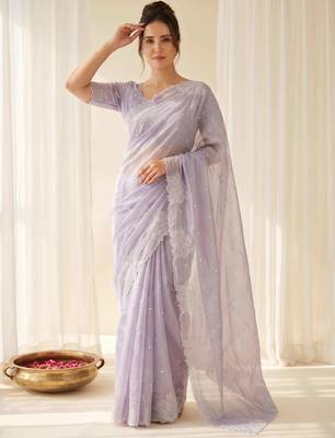 women's lavender lacknowi embroidery raspberry silk blend designer saree with blouse 3