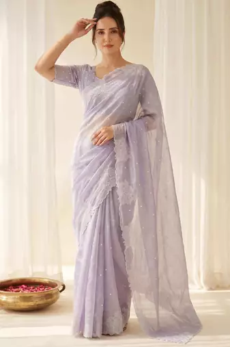 women's lavender lacknowi embroidery raspberry silk blend designer saree with blouse