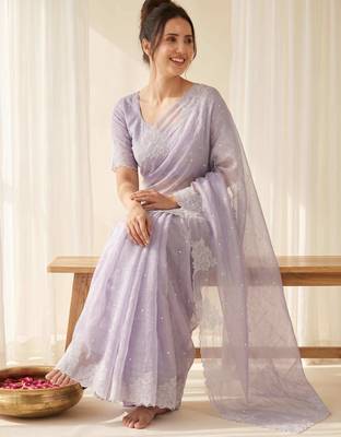 women's lavender lacknowi embroidery raspberry silk blend designer saree with blouse 4
