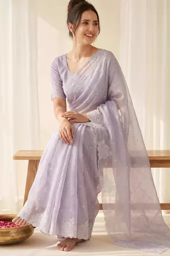 women's lavender lacknowi embroidery raspberry silk blend designer saree with blouse
