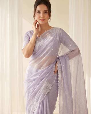 women's lavender lacknowi embroidery raspberry silk blend designer saree with blouse 5