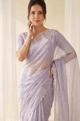 women's lavender lacknowi embroidery raspberry silk blend designer saree with blouse