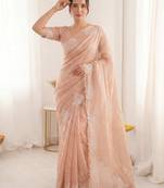 women's peach lacknowi embroidery raspberry silk blend designer saree with blouse