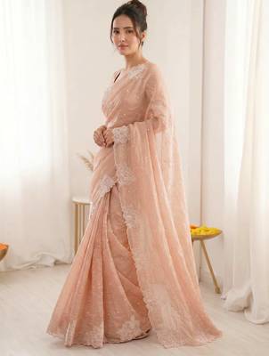 women's peach lacknowi embroidery raspberry silk blend designer saree with blouse 2