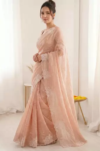 women's peach lacknowi embroidery raspberry silk blend designer saree with blouse