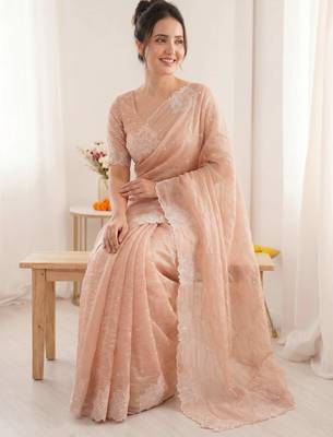 women's peach lacknowi embroidery raspberry silk blend designer saree with blouse 3