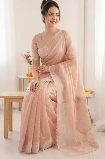women's peach lacknowi embroidery raspberry silk blend designer saree with blouse