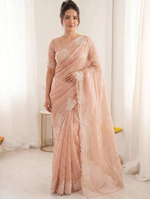women's peach lacknowi embroidery raspberry silk blend designer saree with blouse 4