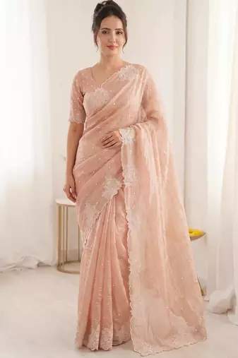 women's peach lacknowi embroidery raspberry silk blend designer saree with blouse