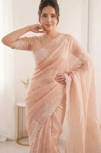 women's peach lacknowi embroidery raspberry silk blend designer saree with blouse