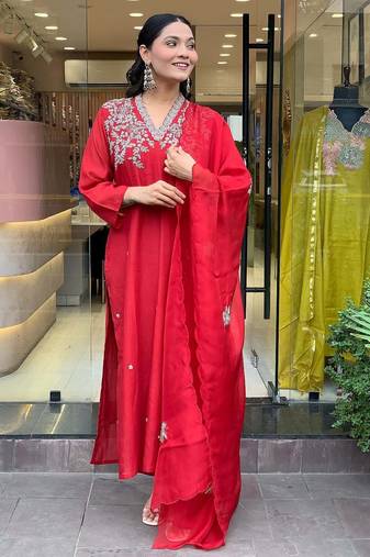  Chanderi Embroidery Work Straight Kurta Pant and Dupatta Set