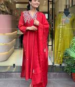  Chanderi Embroidery Work Straight Kurta Pant and Dupatta Set