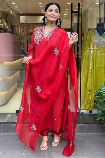  Chanderi Embroidery Work Straight Kurta Pant and Dupatta Set