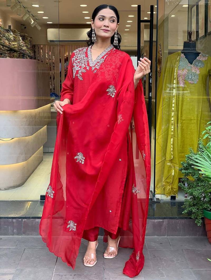  Chanderi Embroidery Work Straight Kurta Pant and Dupatta Set