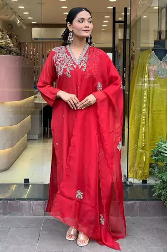  Chanderi Embroidery Work Straight Kurta Pant and Dupatta Set