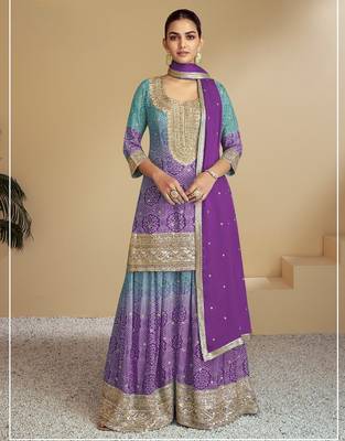 Turquoise blue heavy chinon printed embroidered palazzo suit 1