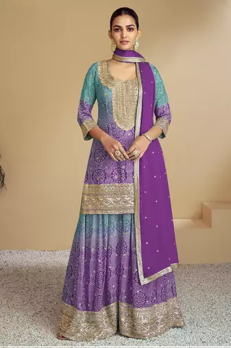Turquoise blue heavy chinon printed embroidered palazzo suit