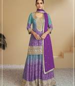 Turquoise blue heavy chinon printed embroidered palazzo suit