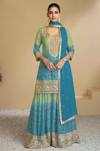 Teal blue heavy chinon printed embroidered palazzo suit