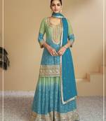 Teal blue heavy chinon printed embroidered palazzo suit